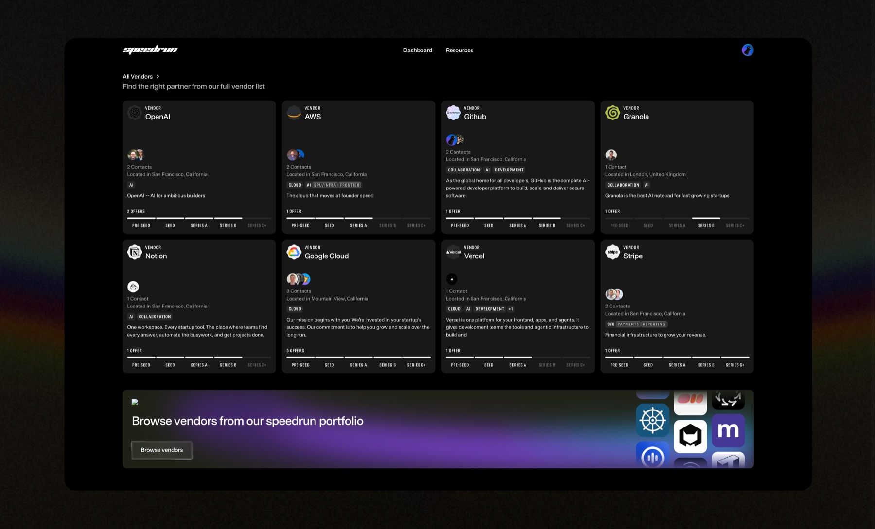 The speedrun Marketplace, a grid of partner offers from companies including OpenAI, AWS, and GitHub