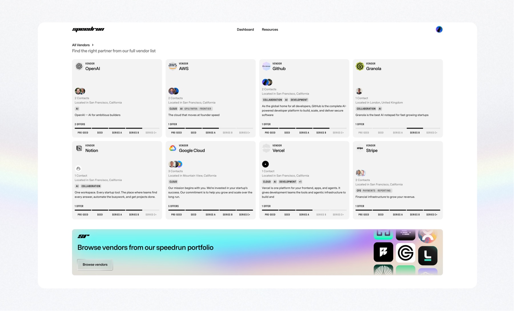 The speedrun Marketplace, a grid of partner offers from companies including OpenAI, AWS, and GitHub